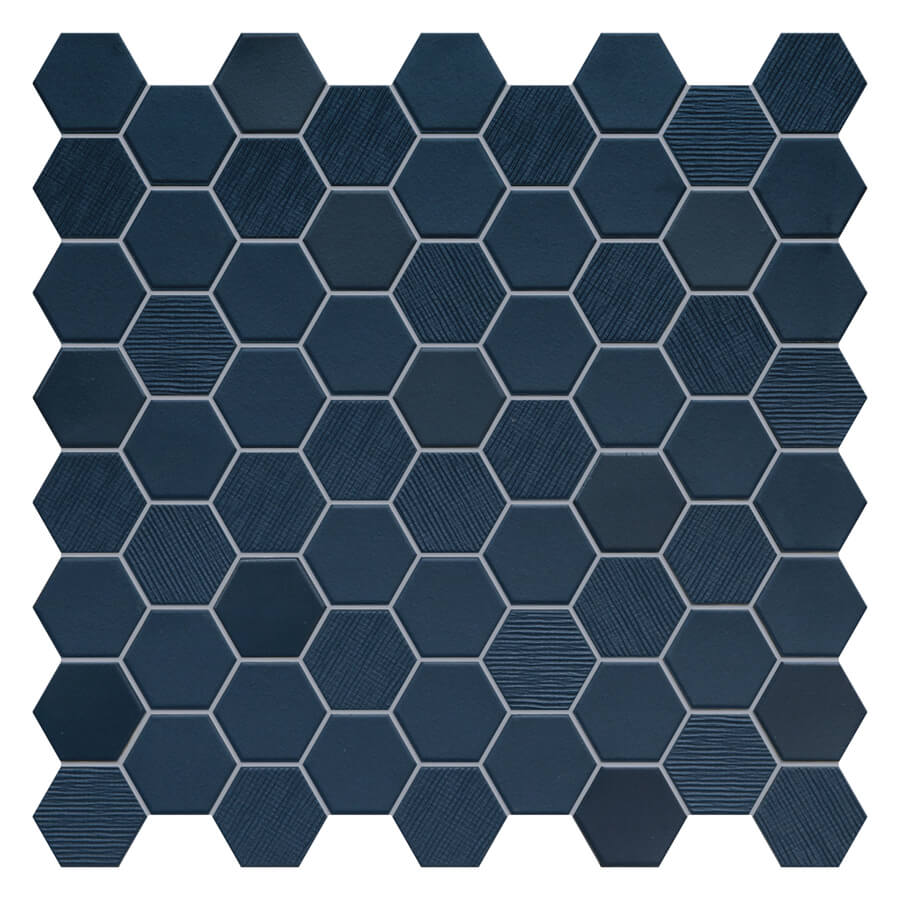 אימפרס מוזאיקה גרניט פורצלן משושה נוגד החלקה R10 לריצוף וחיפוי גימור מט גוון כחול 31.6×31.6
