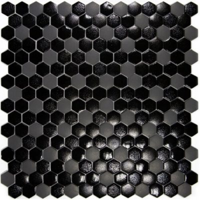 גלאס ארט מוזאיקה משושים מזכוכית לריצוף וחיפוי גימורים משולבים מט, מבריק ואנטי סליפ גוון שחור 33.33×33.33