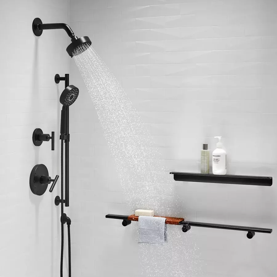מערכת מקלחת שלמה הכוללת - מוט פינוק + צינור + מזלף + ראש ברז וזרוע + אינטרפוץ ומיקסר וכל החומרה הדרושה להתקנה - גימור מט גוון שחור
