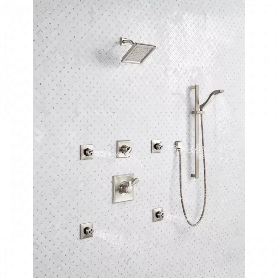 מערכת מקלחת שלמה הכוללת - מוט פינוק + צינור + מזלף + ראש ברז + אינטרפוץ ומיקסר וכל החומרה הדרושה להתקנה - גימור פלדת אל חלד גוון אפור