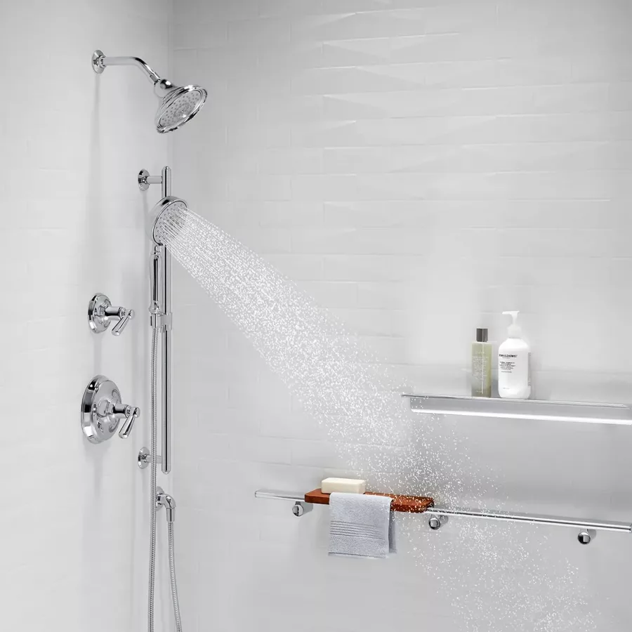 מערכת מקלחת שלמה הכוללת - מוט פינוק + צינור + מזלף + ראש ברז + אינטרפוץ ומיקסר וכל החומרה הדרושה להתקנה - גימור כרום מלוטש גוון אפור