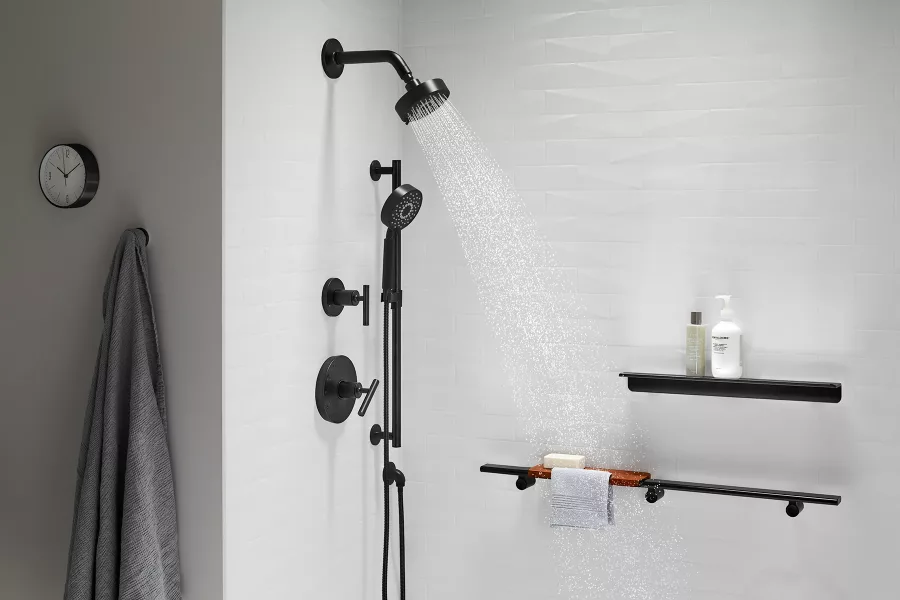 מערכת מקלחת שלמה הכוללת - מוט פינוק + צינור + מזלף + ראש ברז וזרוע + אינטרפוץ ומיקסר וכל החומרה הדרושה להתקנה - גימור מט גוון שחור